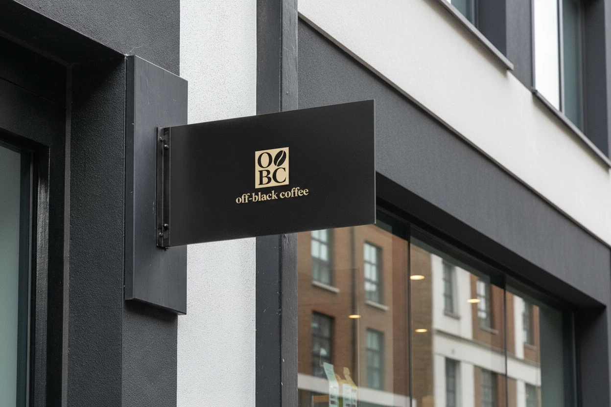 A rectangular black sign hangs from a building wall, featuring the gold "OBC off-black coffee" logo.