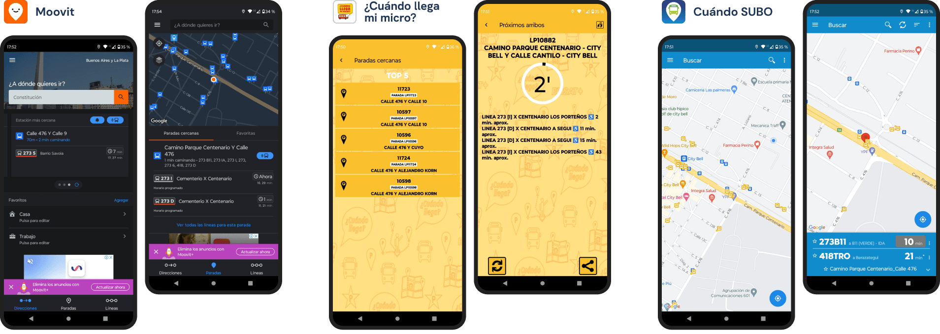 Ejemplos de apps con horarios de colectivos, como Moovit, ¿Cuándo llega mi micro? y Cuándo SUBO