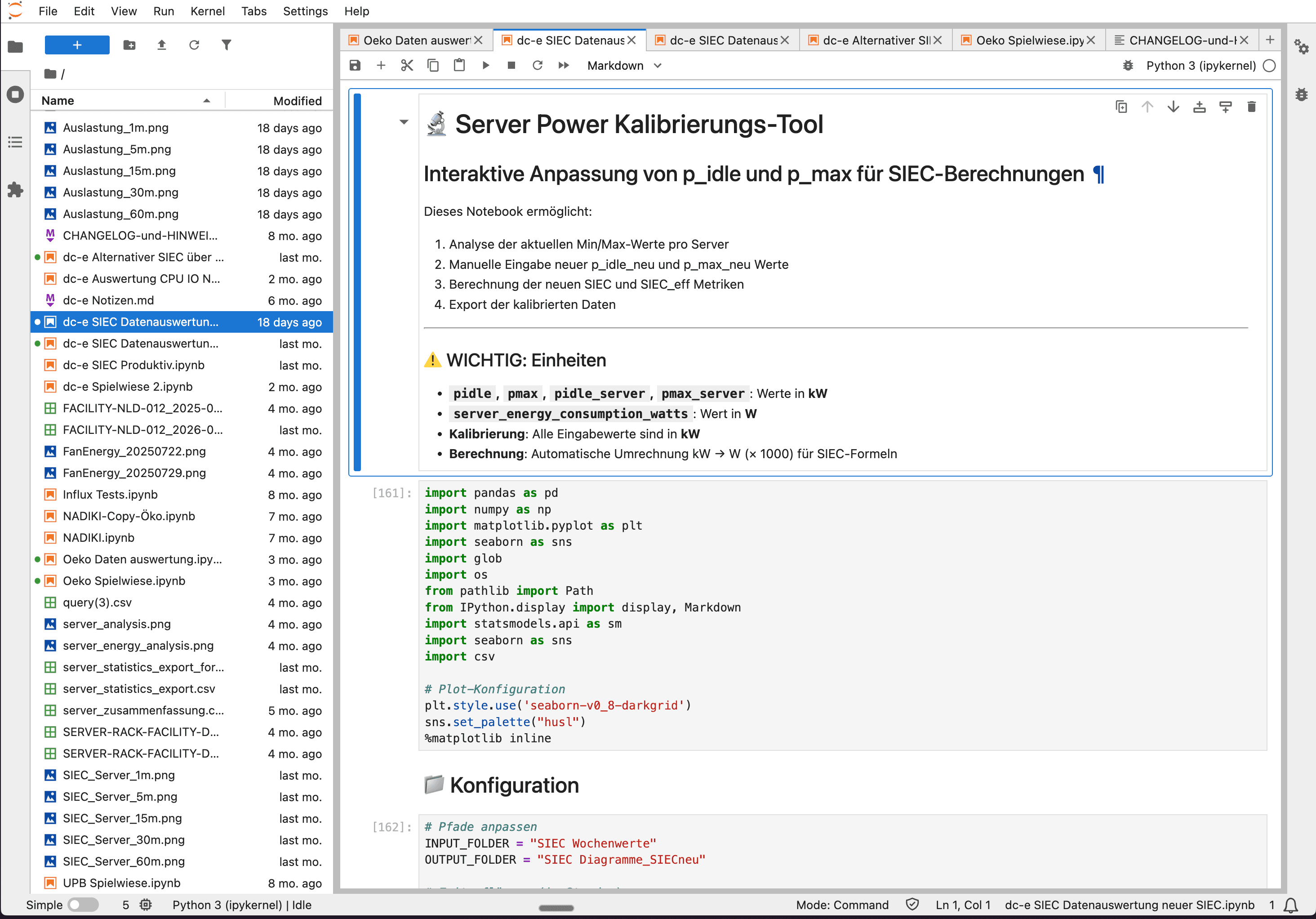JupyterLab-Oberfläche mit Notebook-Liste und einem Server Power Kalibrierungs-Tool