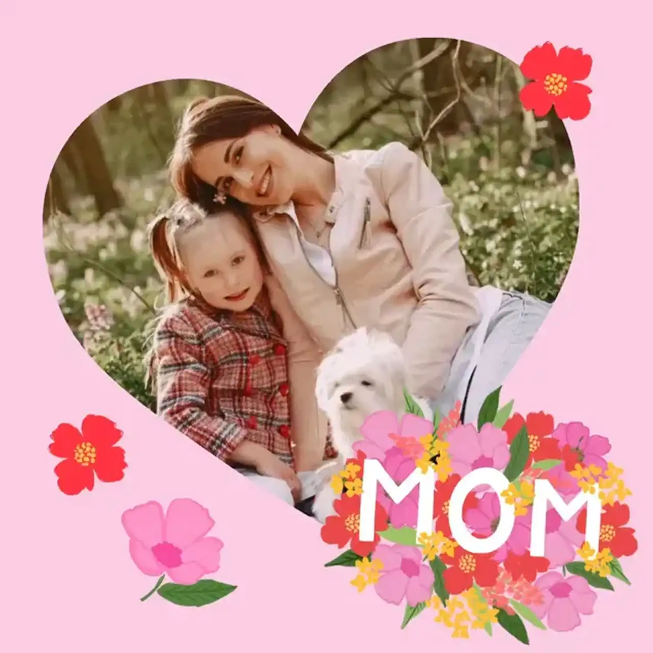 Pink Mother's Day card template with a heart-shaped photo and bold 'MOM' typography