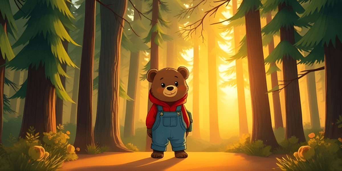 A cartoon bear in the woods at sunset, representing individuality and courage, reflecting themes from Laure Stack's stories.