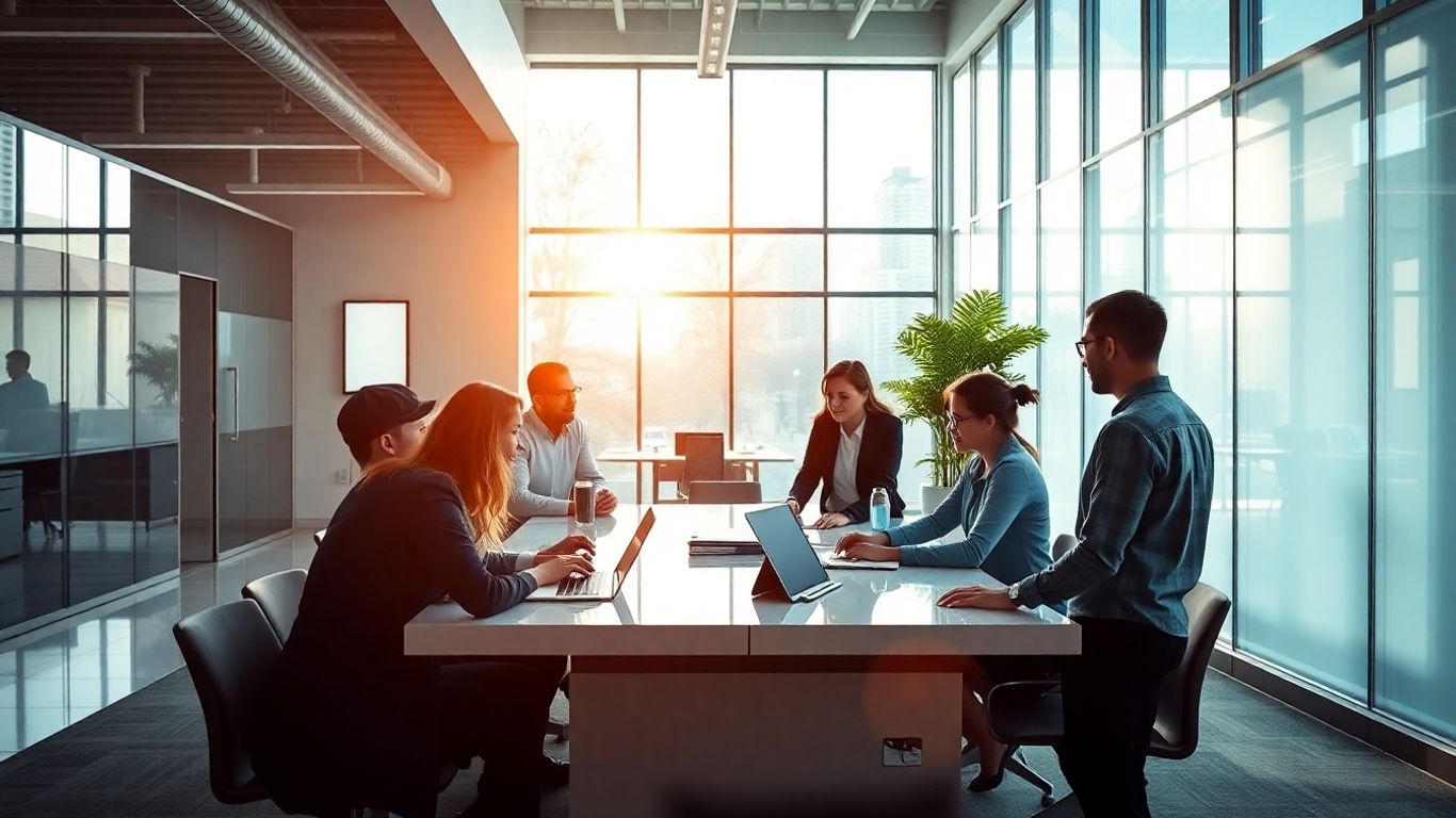 Business professionals collaborating in a modern office.