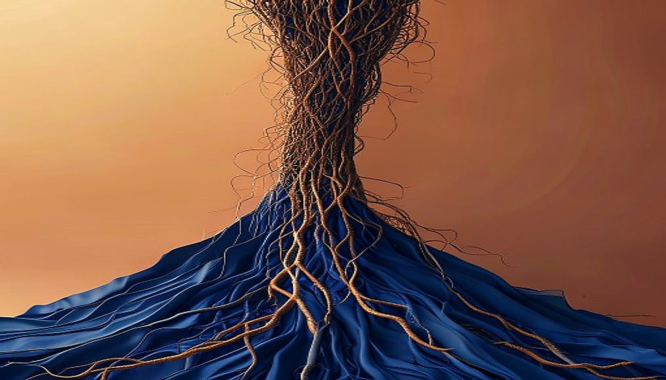 Indigo root system converging into one amber trunk, illustrating brand strategy as a growth lever for SaaS.