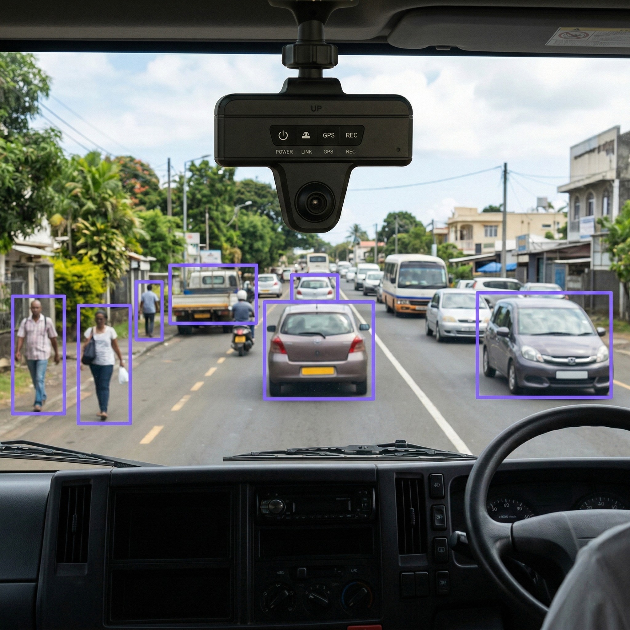 Dashcam Fleeti Vision installée derrière le pare-brise d'un véhicule professionnel, double objectif route et habitacle en fonctionnement