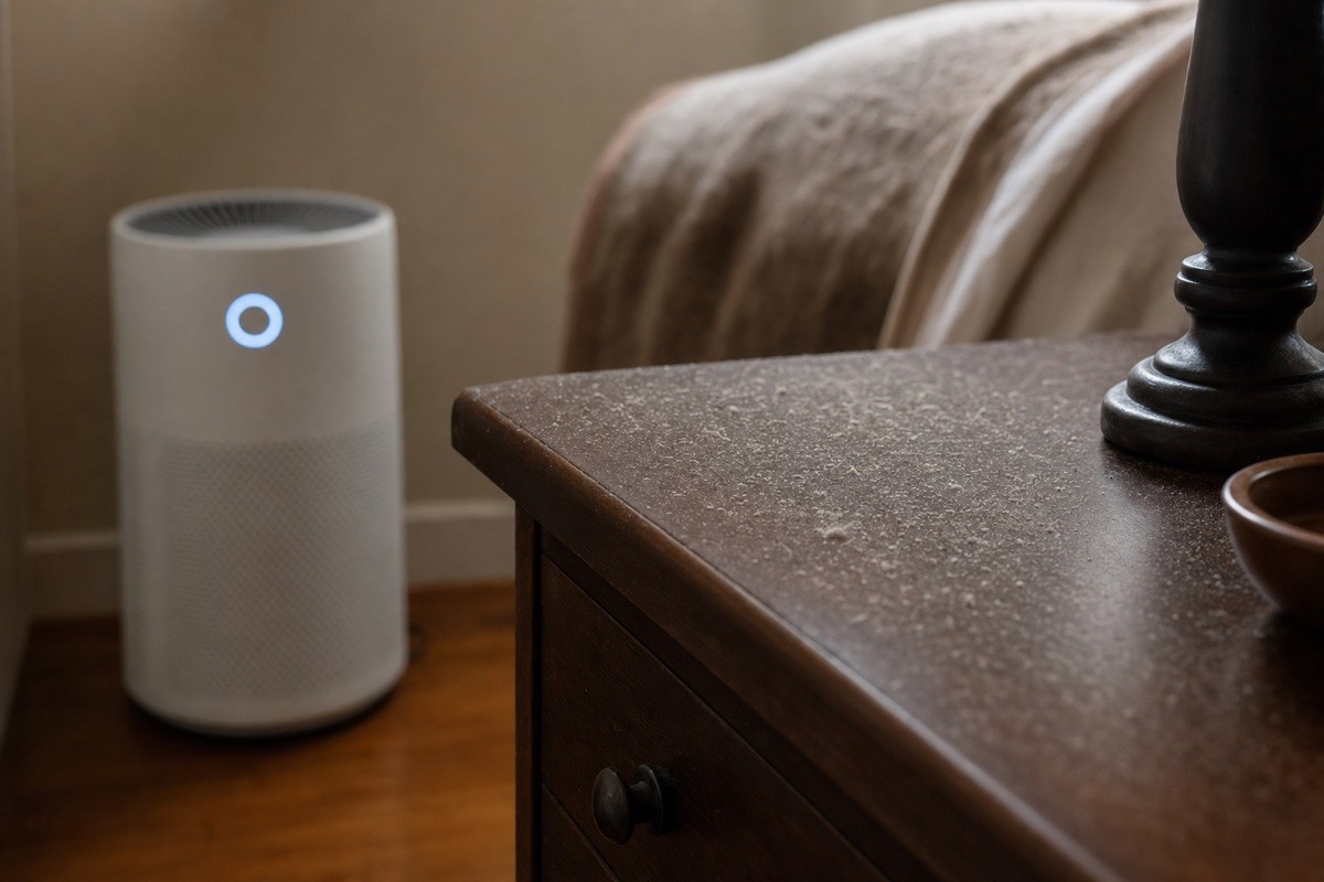 A floor air purifier glowing blue in one corner while a fresh film of dust sits on the nearby nightstand