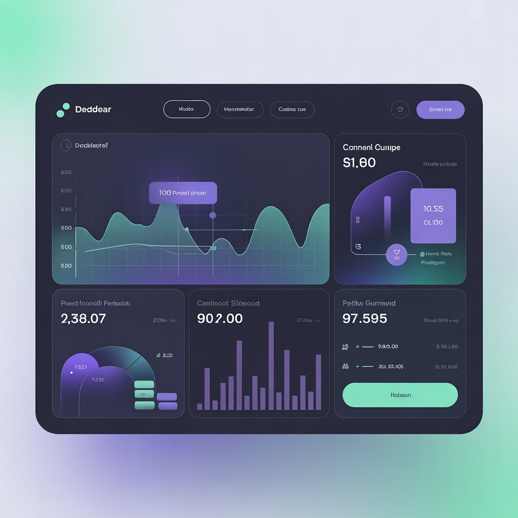 Dashboard interface with a dark theme displaying various charts and data visualizations, including a line graph, pie charts, and bar graphs, with financial metrics and interactive elements.