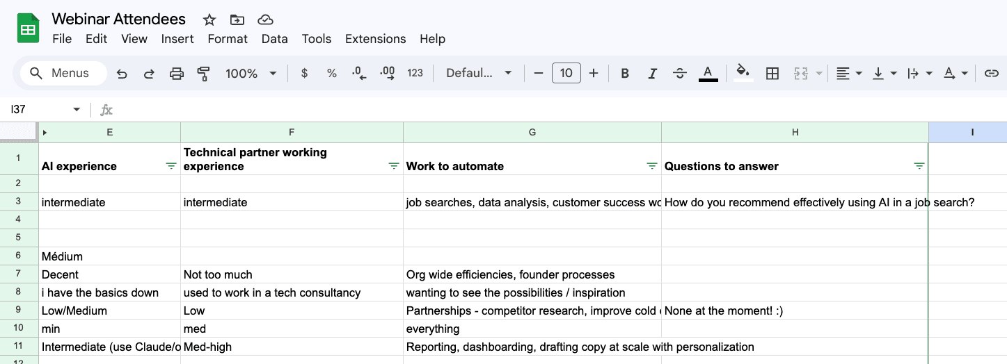 A Google Sheets screenshot of open-text survey responses. Without AI, this would have taken an hour to analyze for actionable insights. Or you can have the analysis with 5 minutes and a single prompt to Claude.