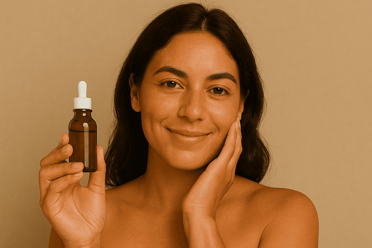Portrait of a woman with long red hair gently touching her face, looking into the camera