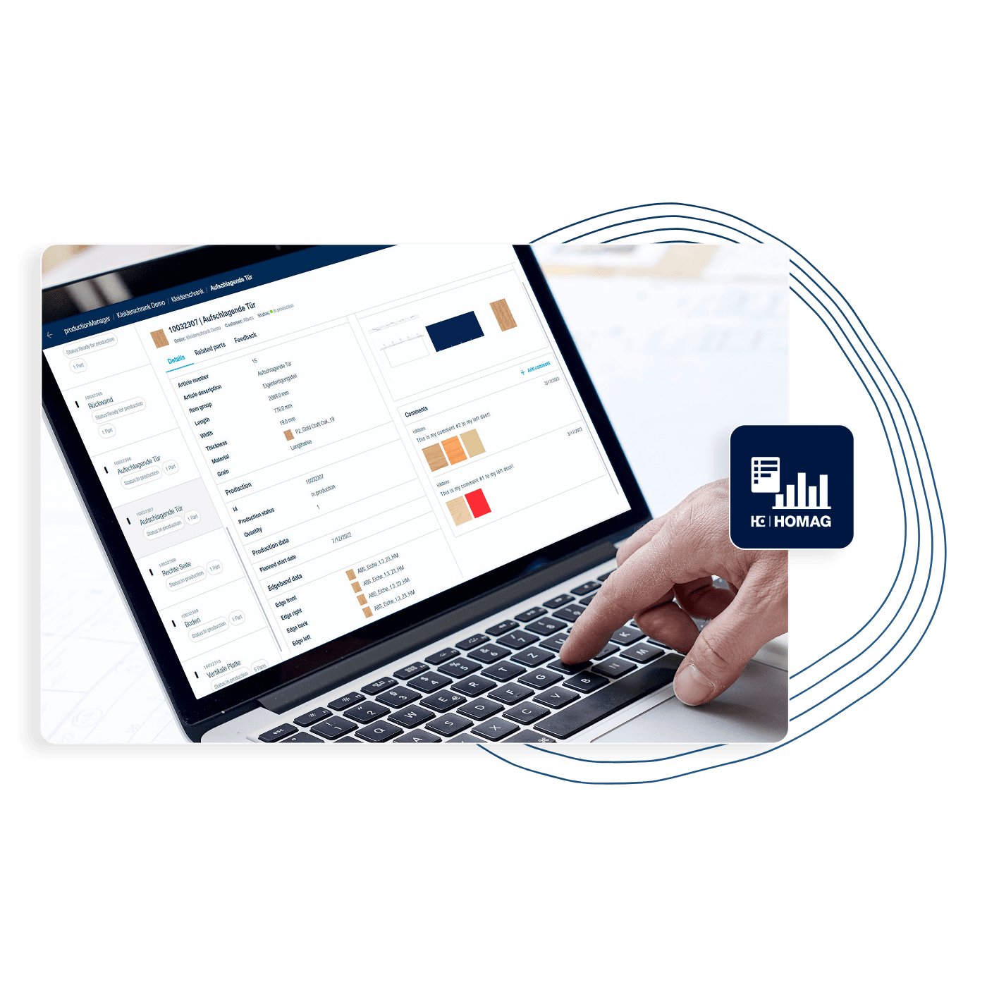 Collage with an open production manager on a laptop in a joinery, an app icon, and data streams in the background