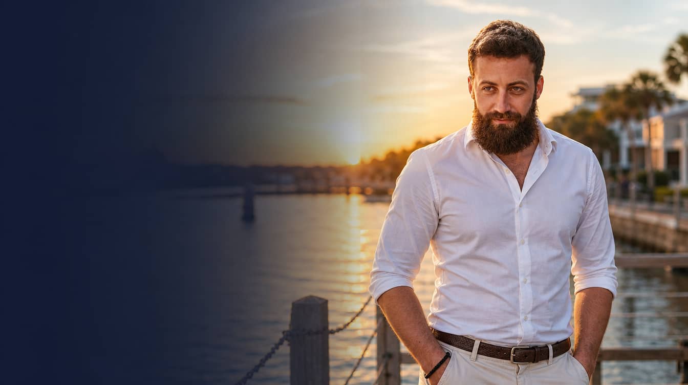 Confident man on Charleston waterfront at sunset representing Hero Health & Hormone men's telehealth hormone care