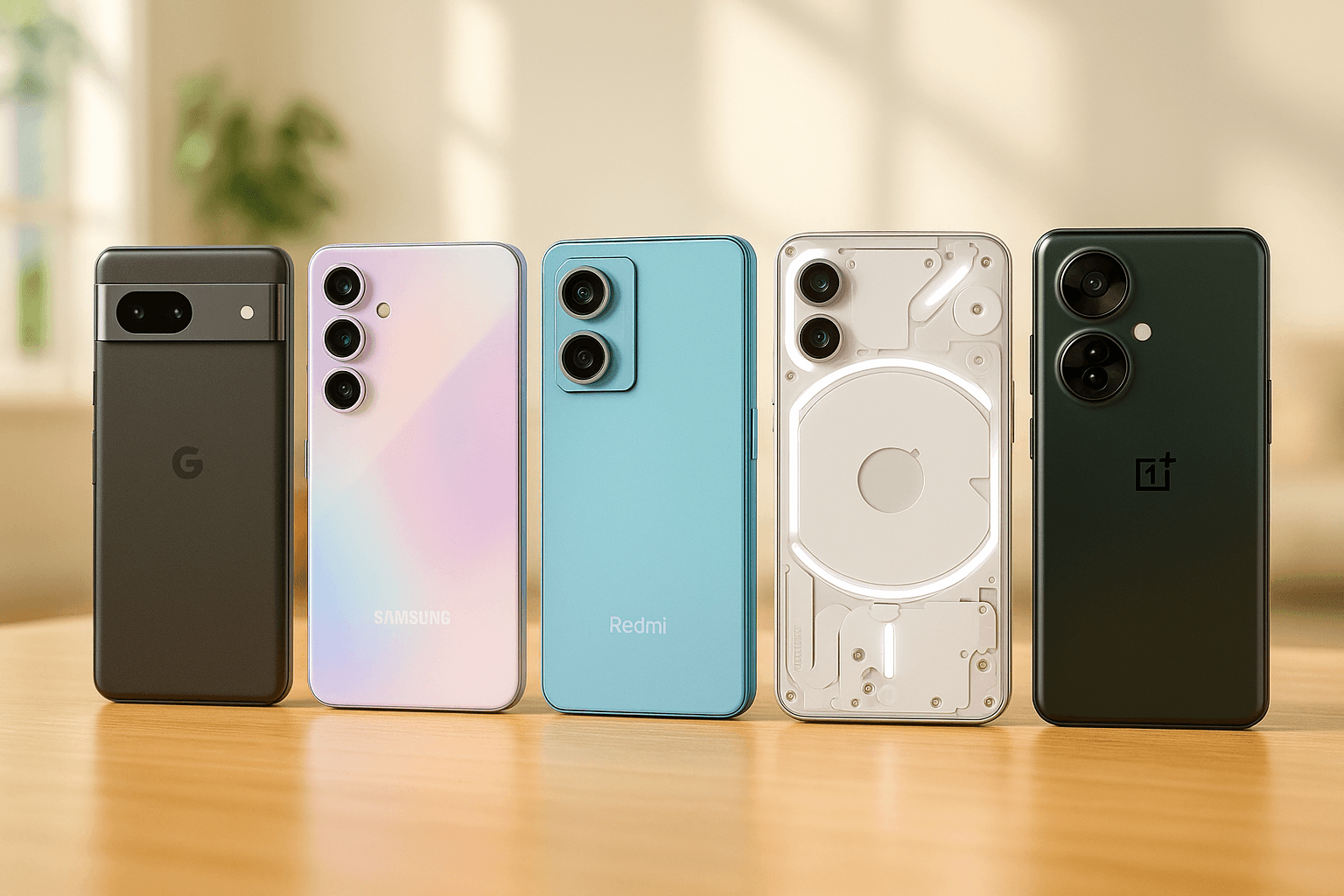 Fem budgetvenlige smartphones fra 2025 placeret side om side med skærmbilleder tændt.