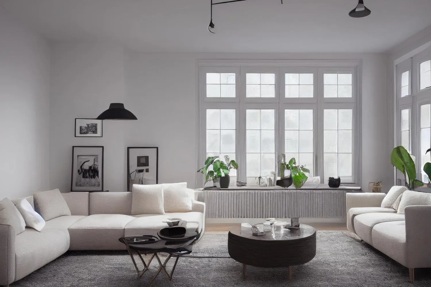 A luxury interior of a apartment building with many furnitures and windows