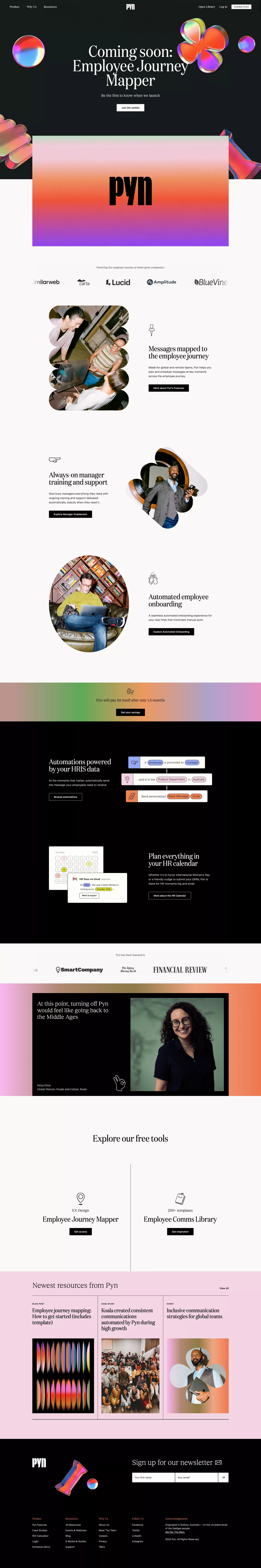 Pyn landing page screenshot showcasing HR and Tech design