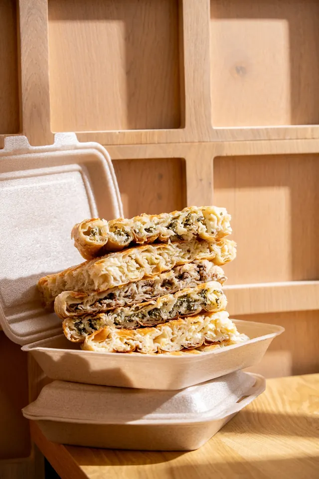 Burek-Stücke mit Füllung in der Take-away-Box