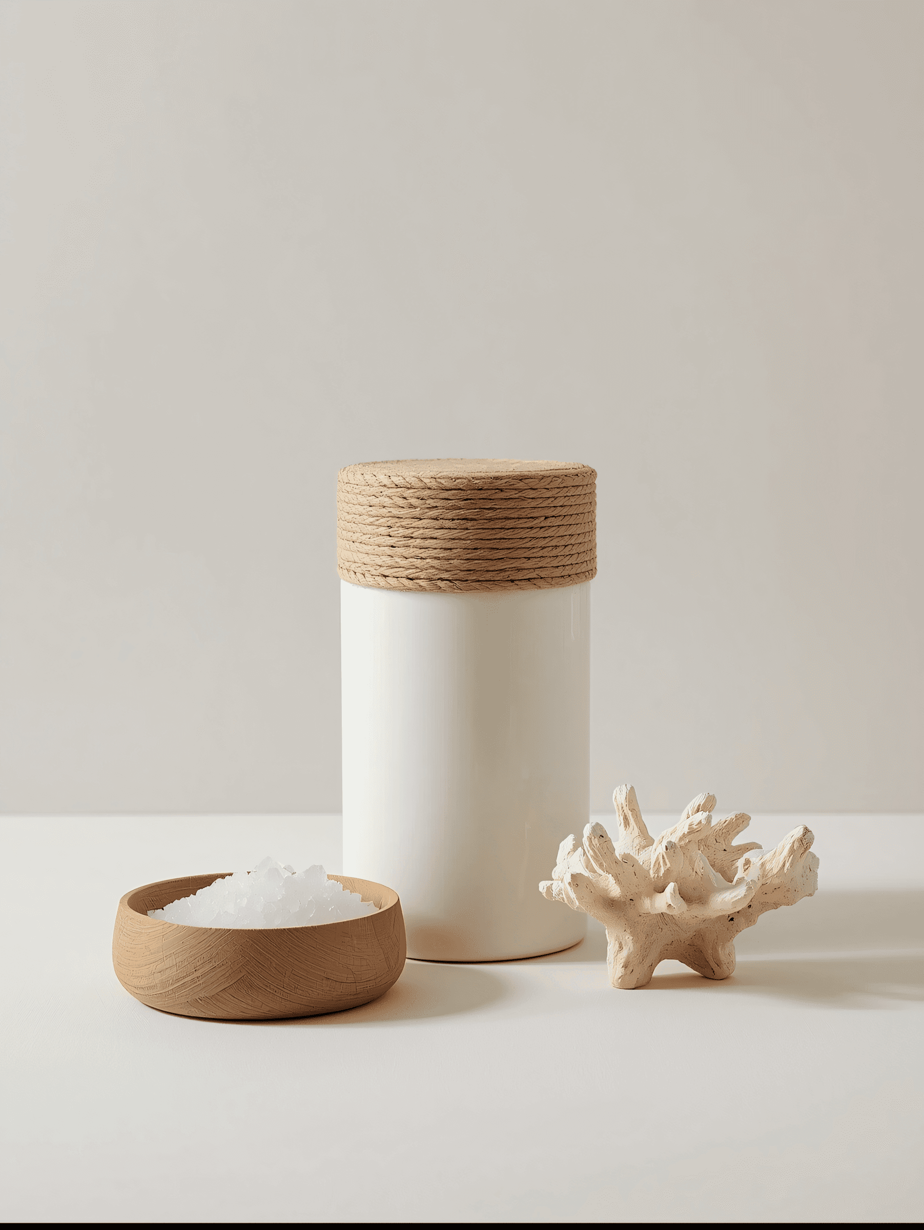 Coastal-inspired product styling with white ceramic jar, rope-wrapped lid, wooden bowl with bath salts, and decorative coral on neutral surface
