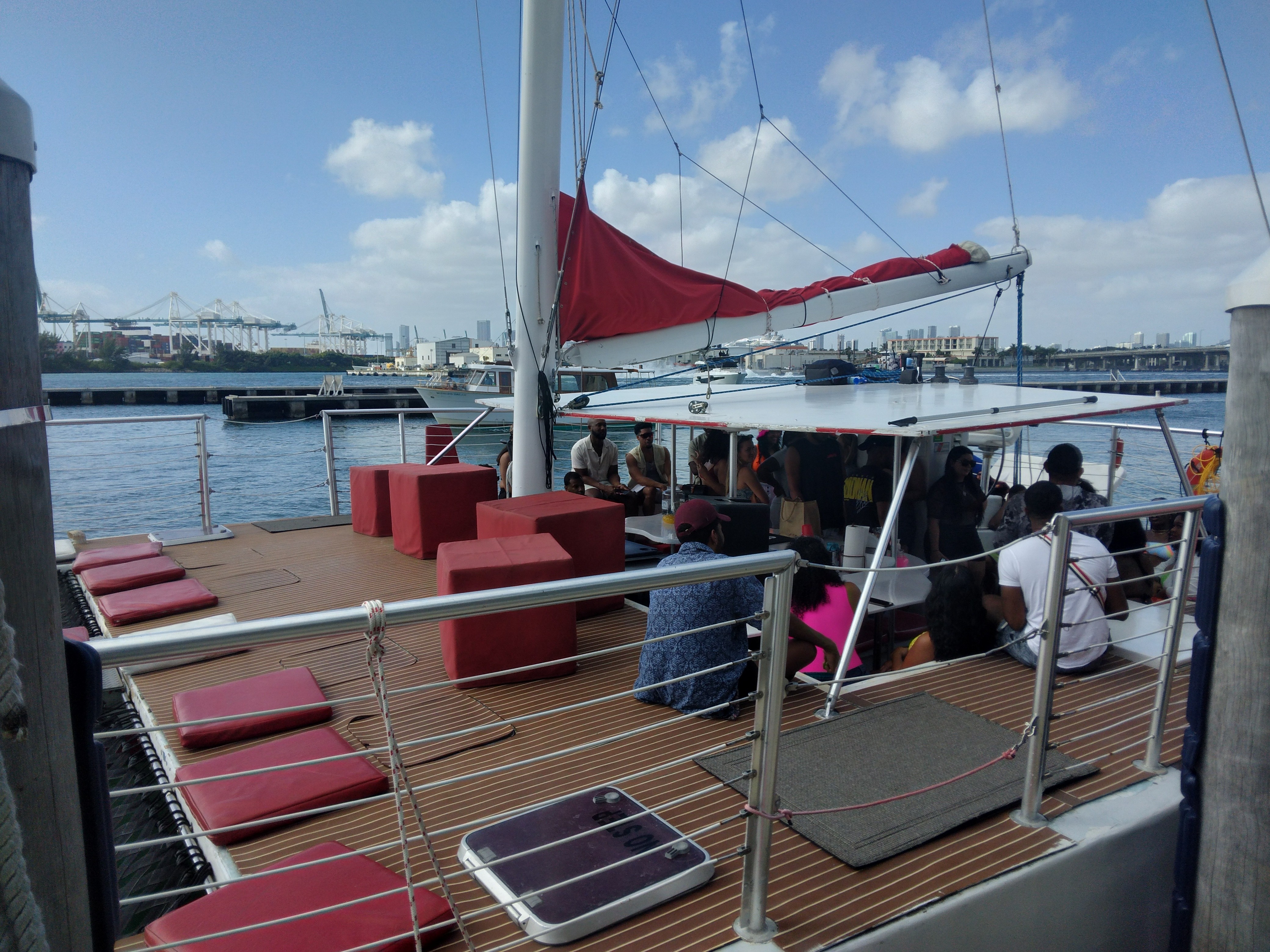 woman looking at brown giraffe with reflection on water
