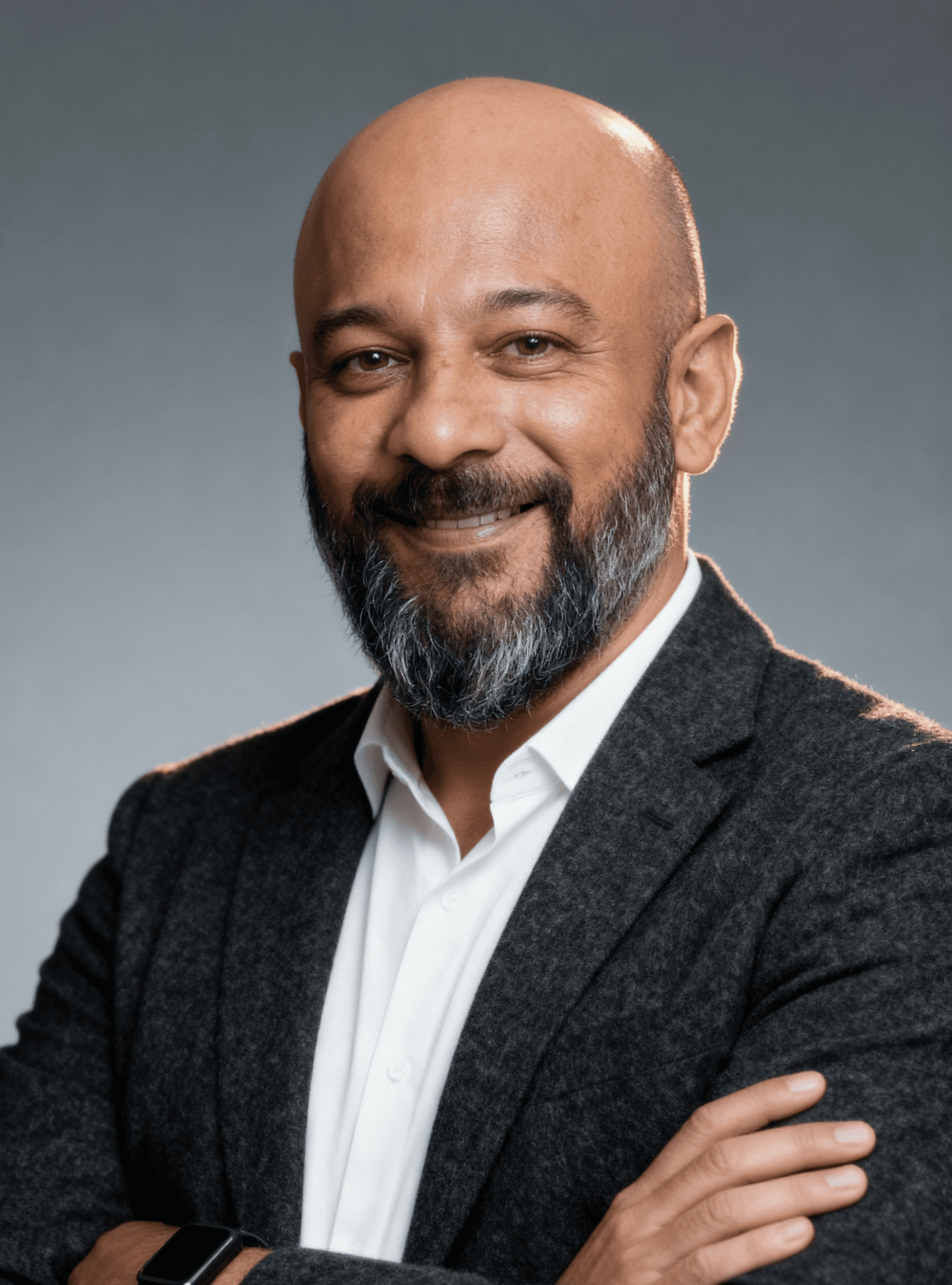 A woman with short, curly hair, wearing round glasses and a white t-shirt, smiling.