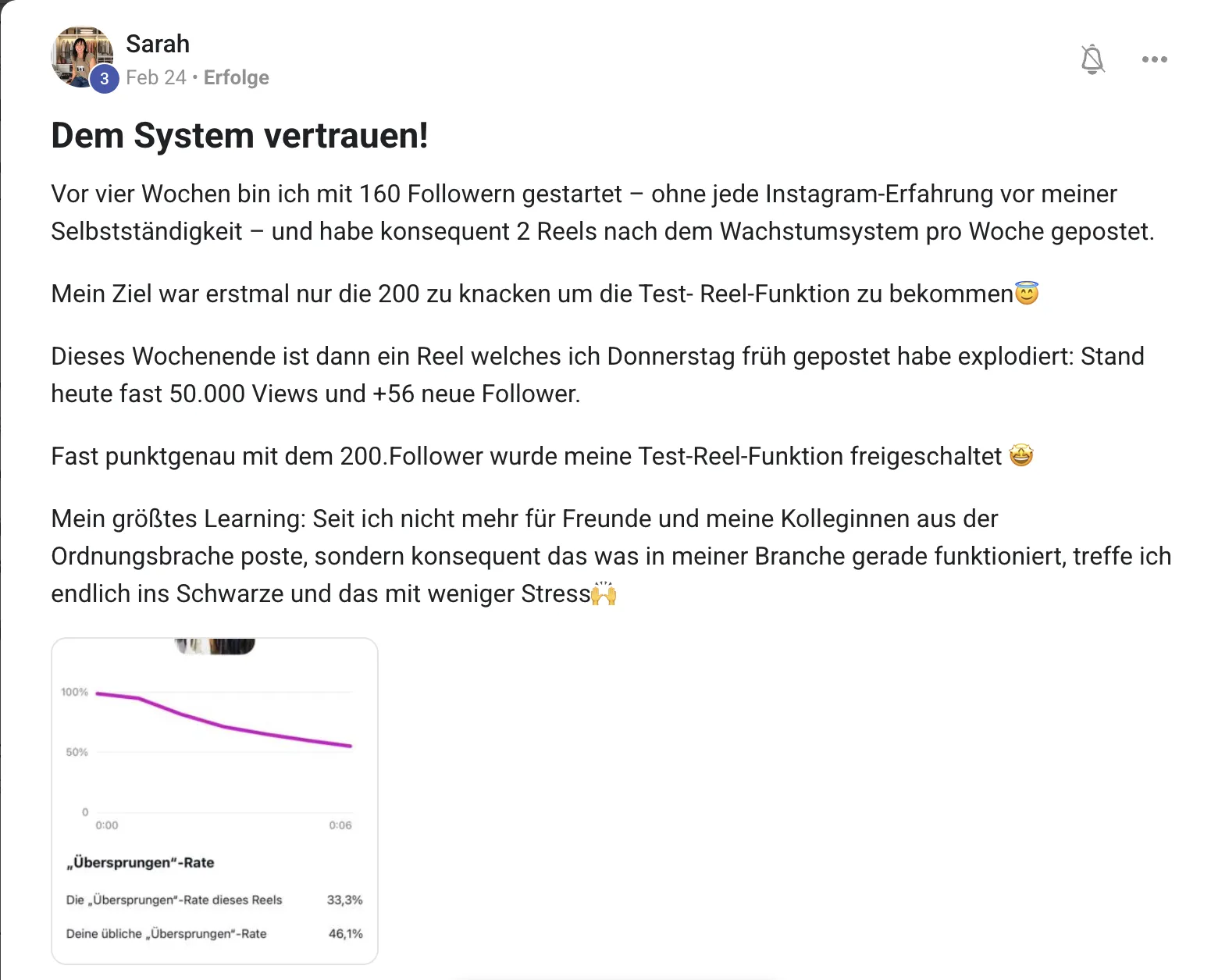 Erfolgsbericht KI Creator Akademie: Ordnungsberaterin Sarah mit Instagram-Reel über fast 50.000 Views