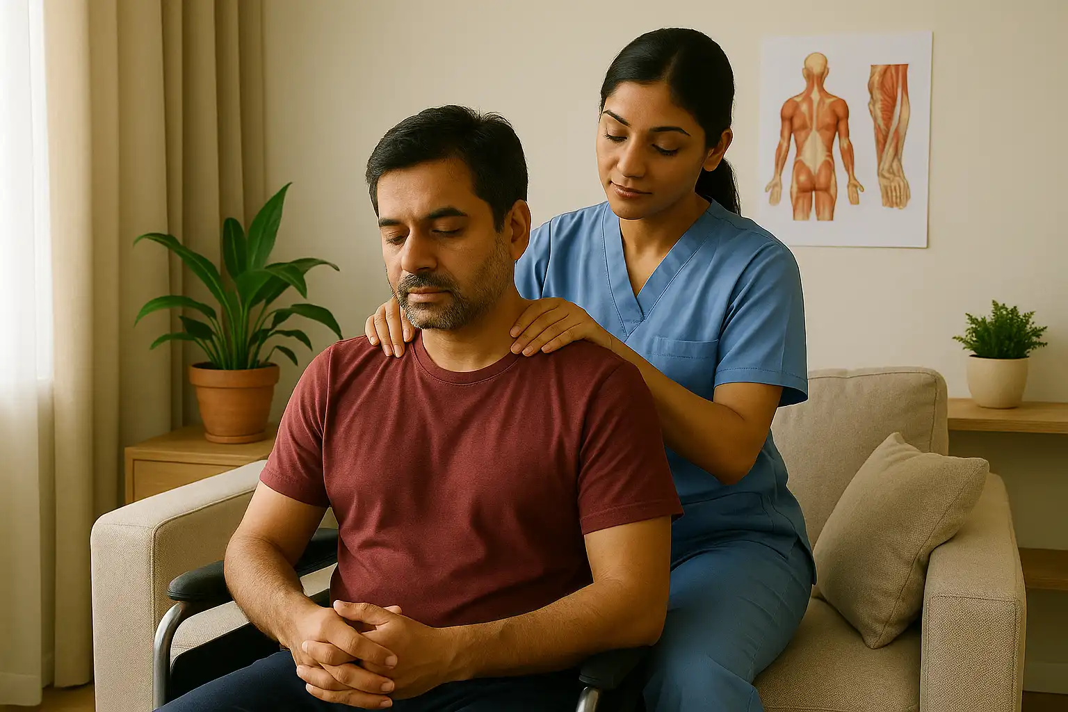 A physiotherapist providing gentle shoulder and neck muscle-tension relief to a man seated at home during a relaxation therapy session.