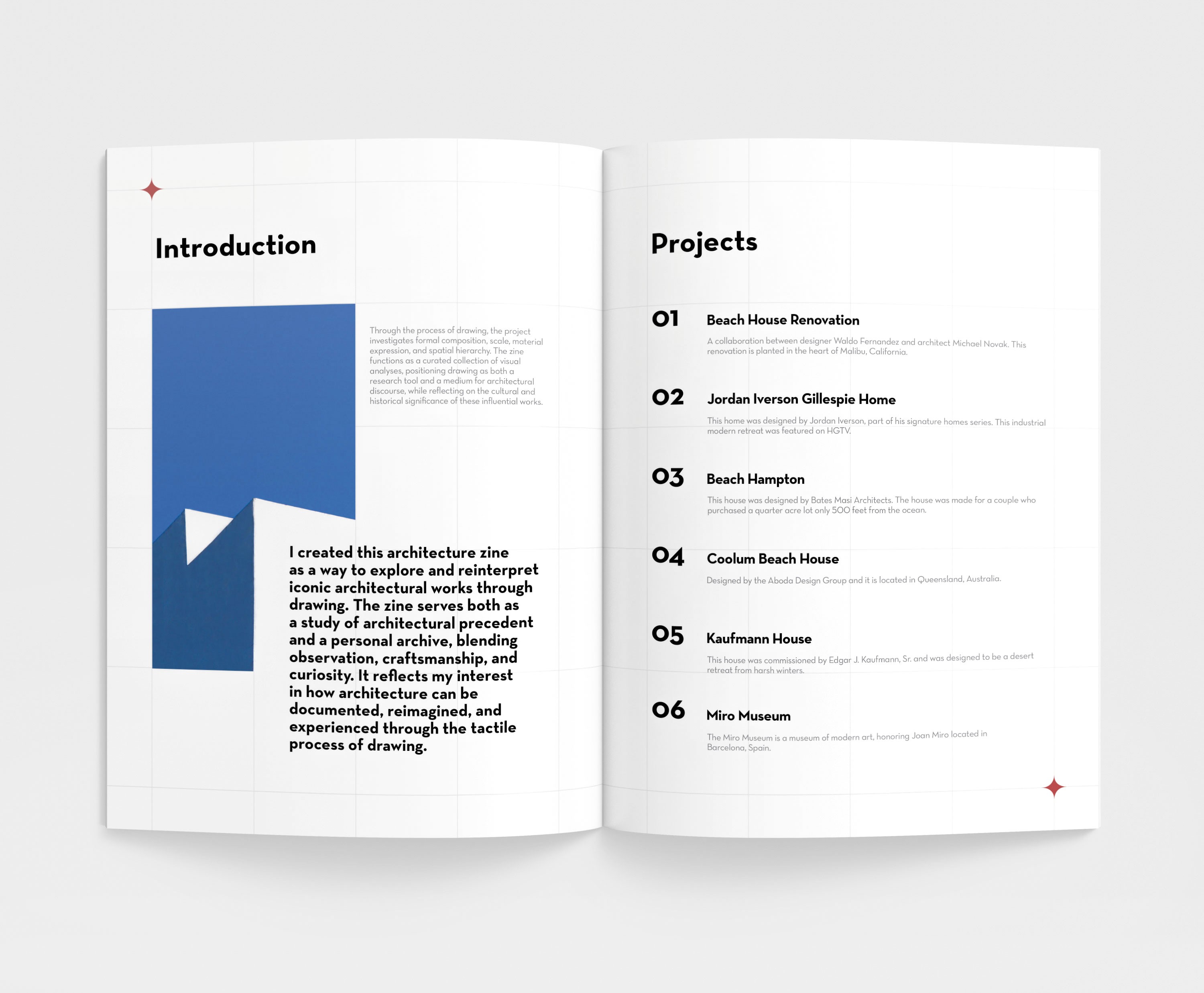 Page 1 and 2 of the architecture zine, showcases intro and index