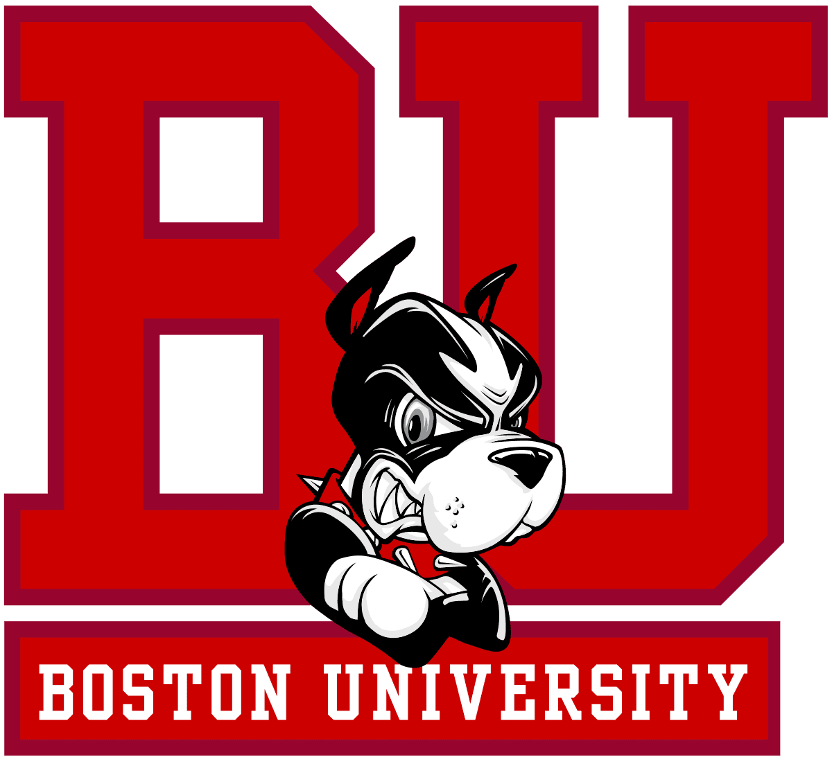 Red Boston University logo featuring a fierce cartoon terrier dog mascot at the center of large, bold red letters "BU," with the words "Boston University" below.