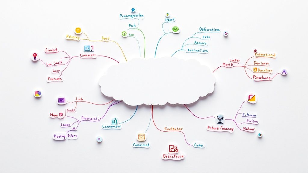 A colorful mind map starting with a central idea and branching out into different subtopics.