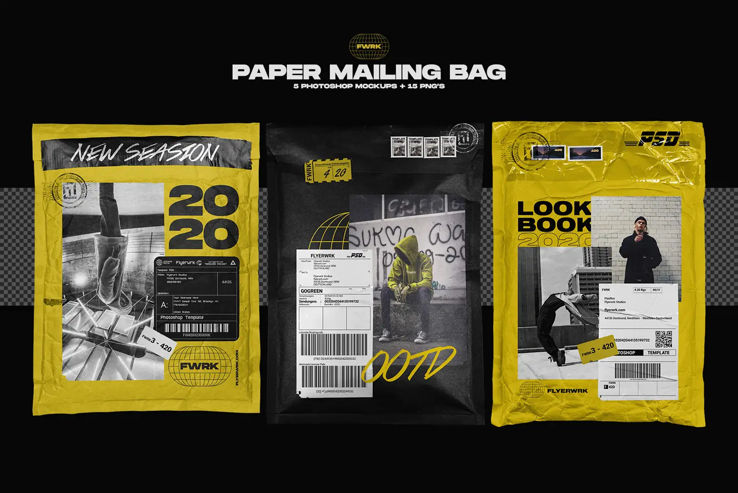 Paper mailing bag mockups showing yellow and black shipping bags with label designs