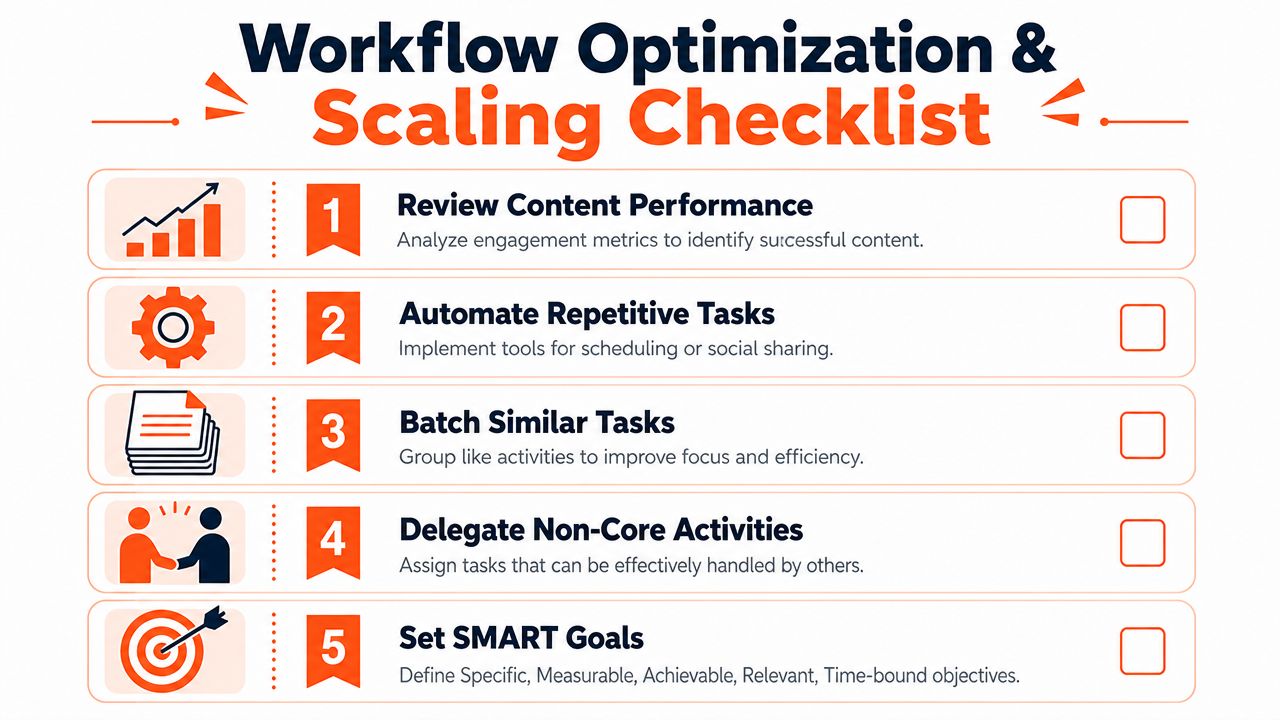 A five-step infographic titled Workflow Optimization and Scaling Checklist with icons and brief descriptions for business tasks.