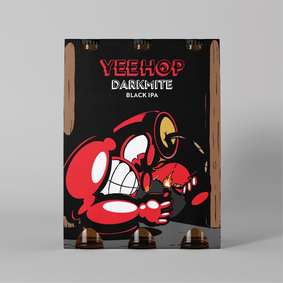 YeeHop Darkmite Black IPA outer packaging for a triple beer pack, featuring playful rubber-hose–style artwork of a menacing dynamite character.