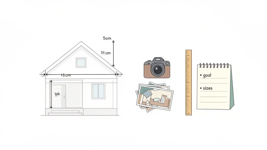 Diagram of a house with dimensions, alongside a camera, stack of photos, ruler, and a notepad.