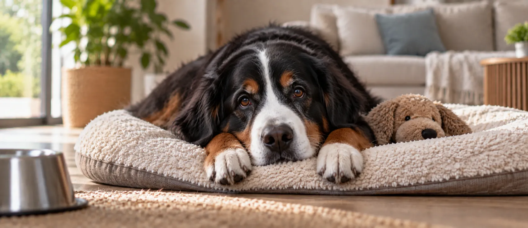 A Bernese Mountain Dog rests quietly on a bed, eyes half-closed and subdued.