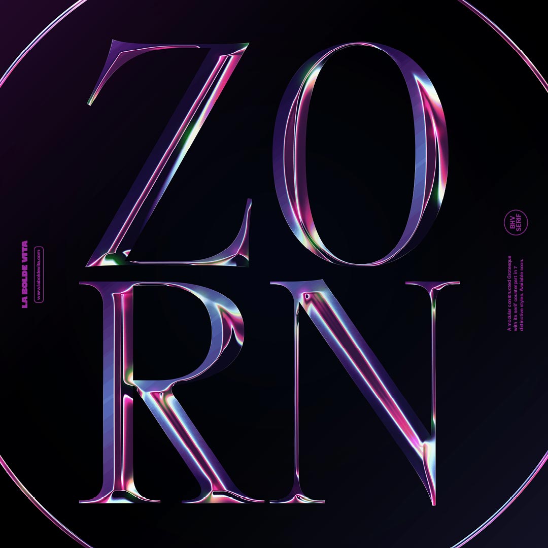 a big square chrome type composition reading "ZORN" in BHV serif display
