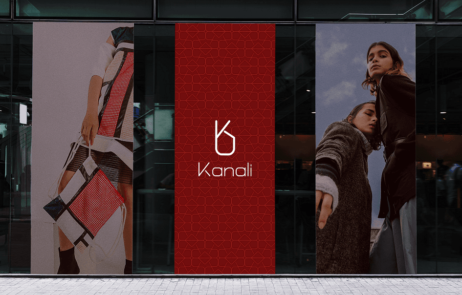Visual identity presentation for Kanali Pieces, showcasing logo variations, elegant typography, and brand colours that reflect modern fashion sophistication.