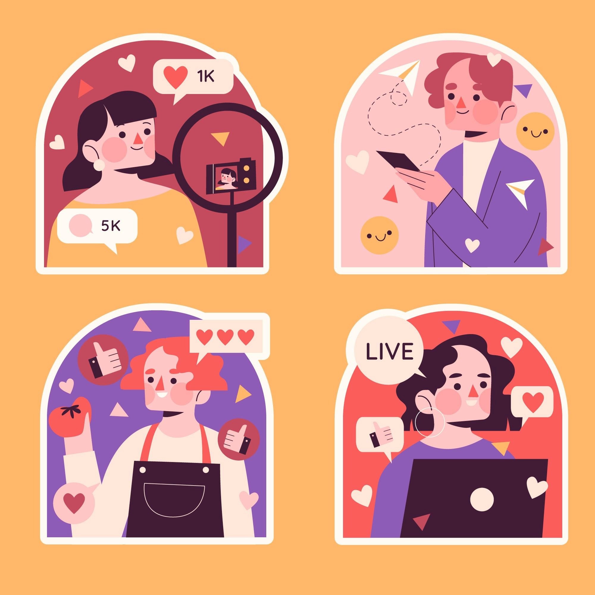 Four illustrated stickers showing social media creators filming, messaging, engaging with likes, and going live.