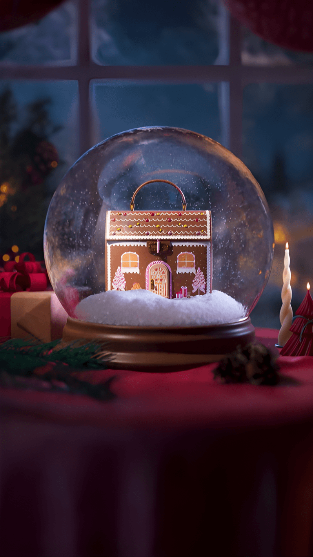 A festive snow globe containing a gingerbread house handbag on a decorated holiday table