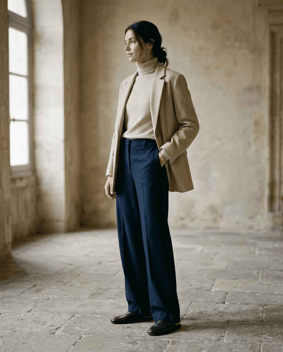 Camel Wide-Leg Wool Trousers — Deep Navy — styled