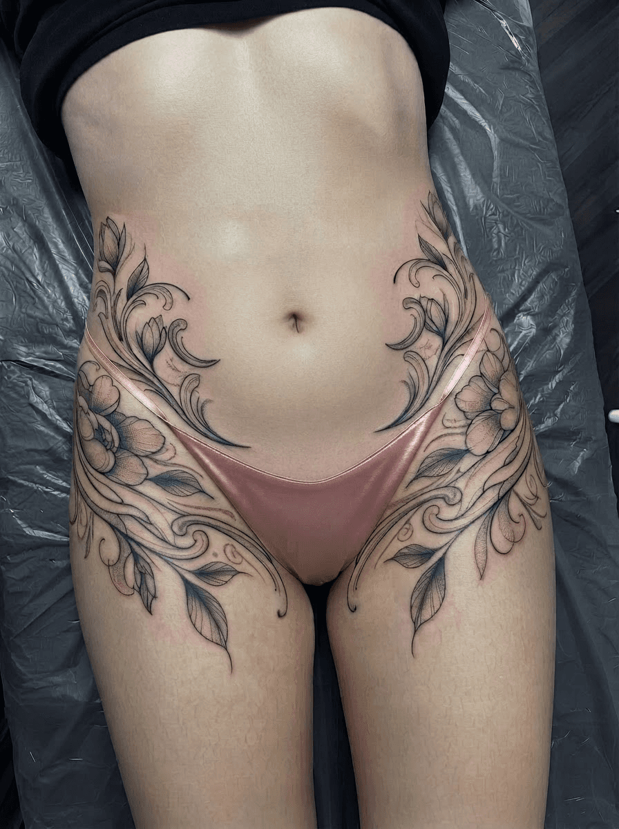 Symmetrisches ornamentales Tattoo an Hüfte und Oberschenkeln mit floralen Linien und feinen Details