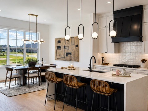 Warm-toned kitchen with layered materials
