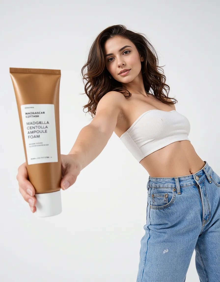 Minimalist product photography featuring a gold skincare tube with "Madagascar Centella Ampoule Foam" label against clean white background