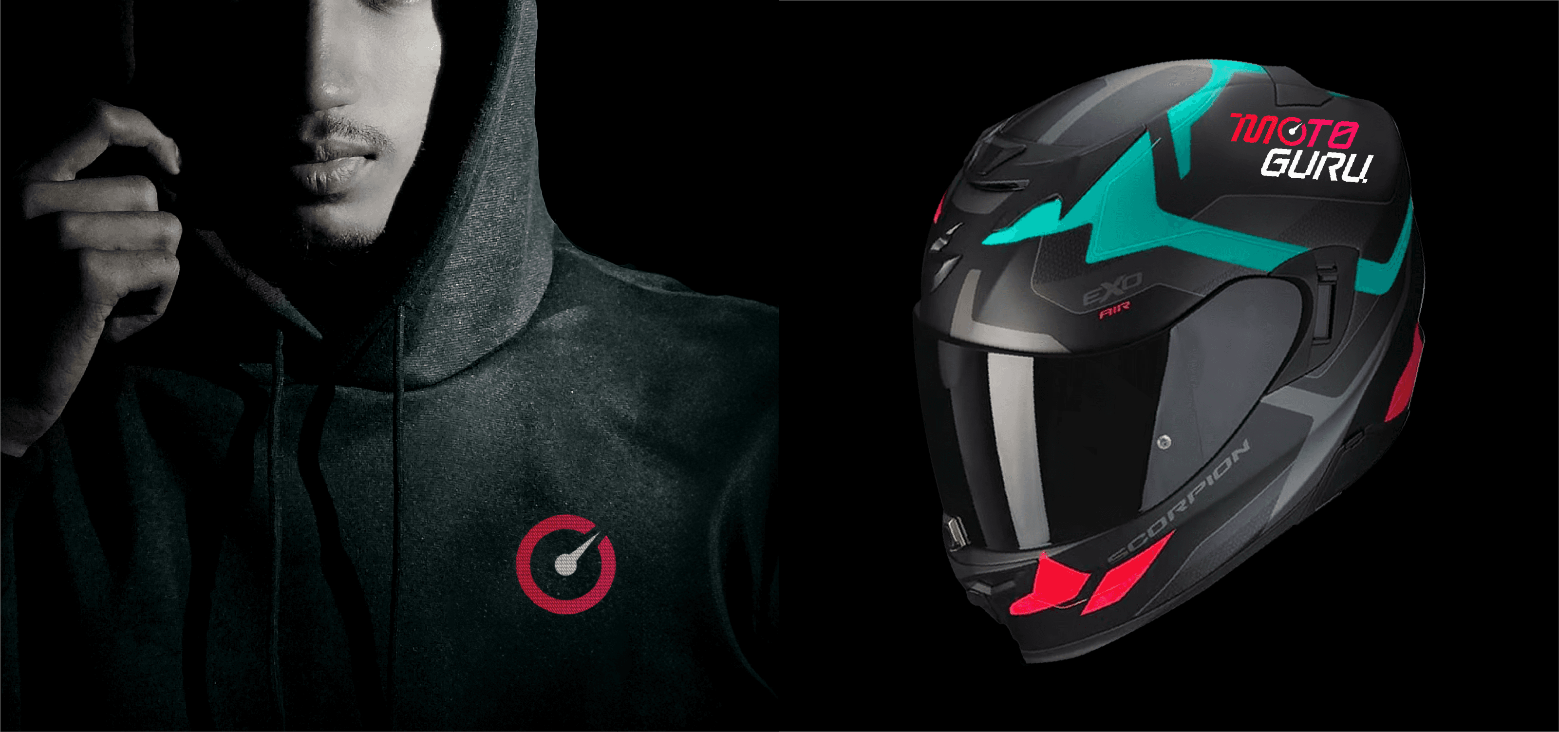 Moto Guru icon on a hoodie and Moto Guru logo on a motorcycle helmet
