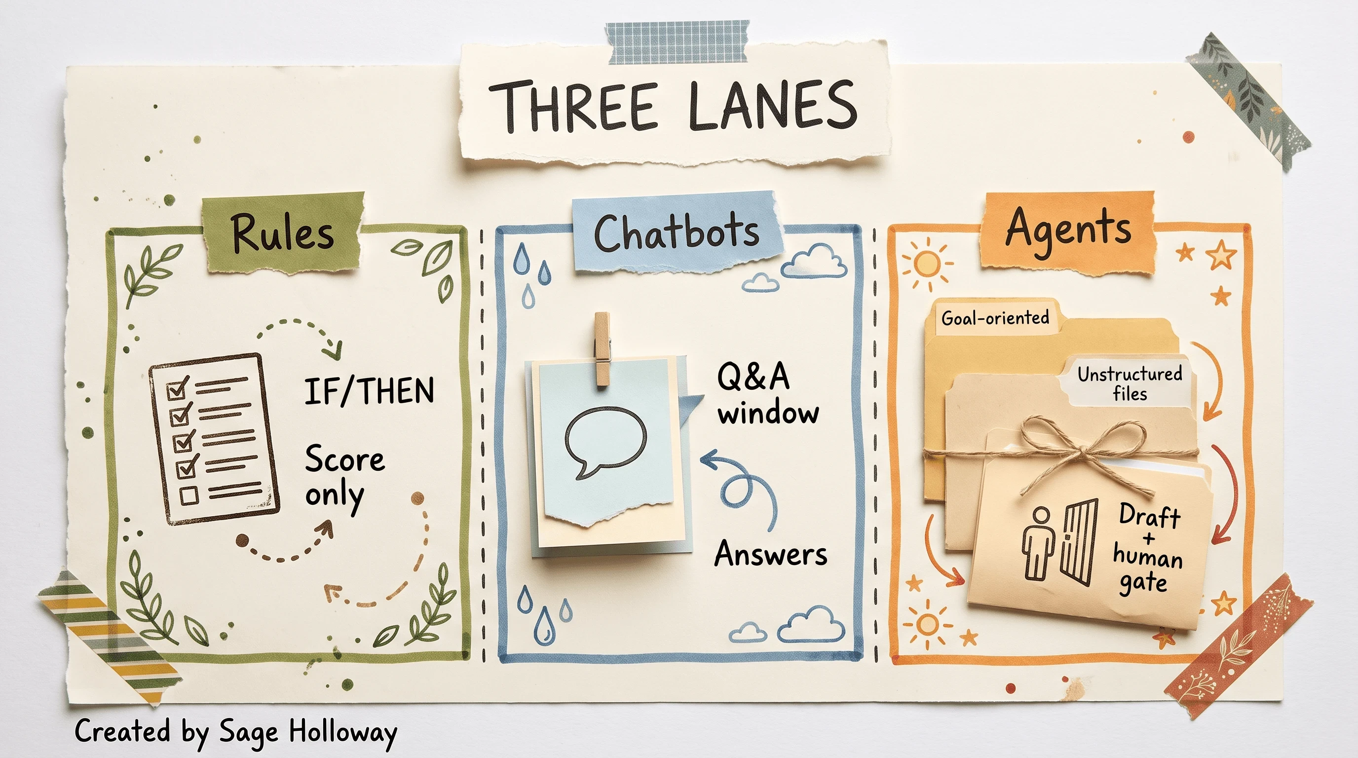 Scrapbook diagram comparing rule engines, chatbots, and AI compliance agents
