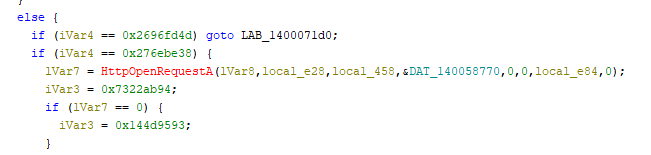 Ein Ausschnitt aus Computercode mit bedingten Anweisungen und Variablenzuweisungen, einschließlich Prüfungen auf bestimmte Hexadezimalwerte und Funktionsaufrufe im Zusammenhang mit HTTP-Anfragen.