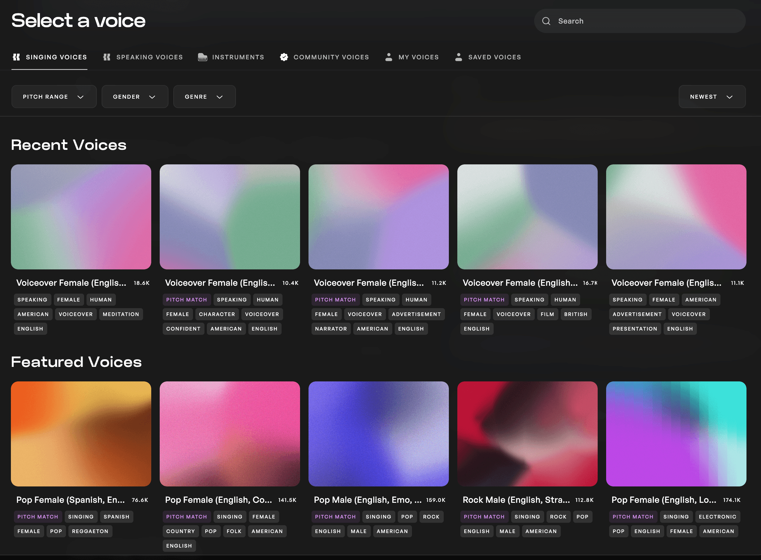 Open menu of the Kits AI voice library