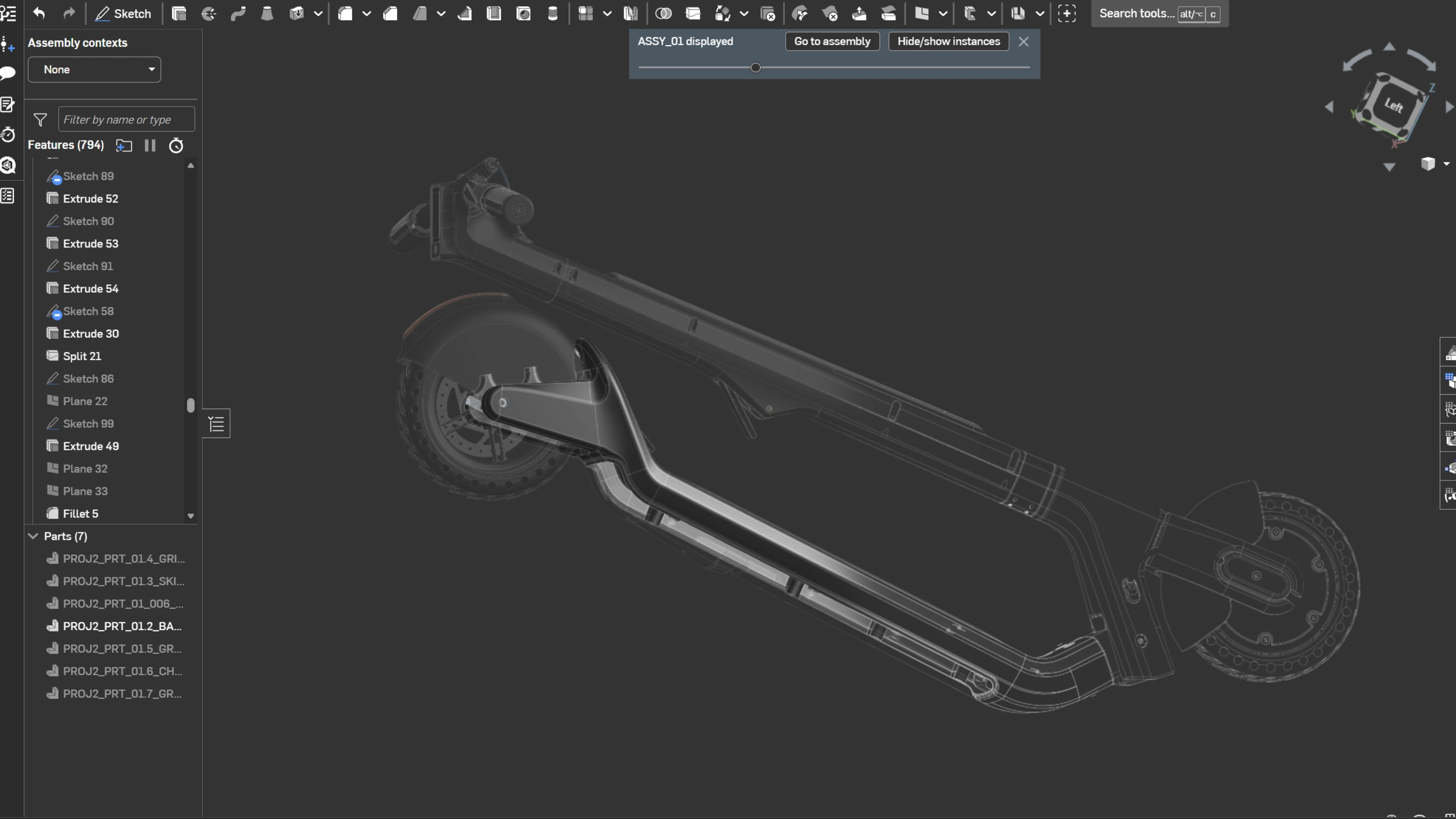 CAD surface model of a carbon fibre scooter frame, highlighting the complex frame industrial design.