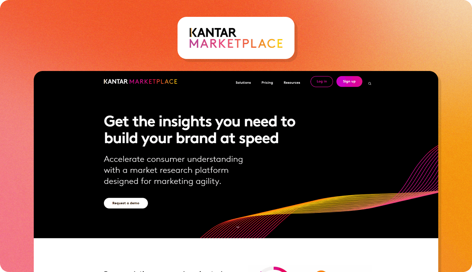 Screenshot of the Kantar Marketplace homepage, headlined "Get the insights you need to build your brand at speed" on a black background. The page describes Kantar Marketplace as a market research platform designed to accelerate consumer understanding and marketing agility. A decorative abstract wave graphic in orange, yellow, and pink flows across the lower right of the hero section. The Kantar Marketplace logo — "KANTAR" in black and "MARKETPLACE" in multicolour — appears above the browser screenshot on an orange gradient background.