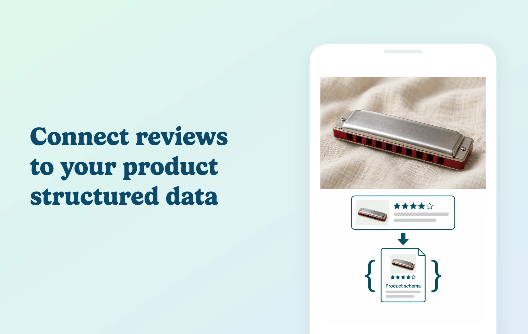 Judge.me and JSON-LD for SEO integration: illustration of a harmonica and its product feedback connected to structured data.