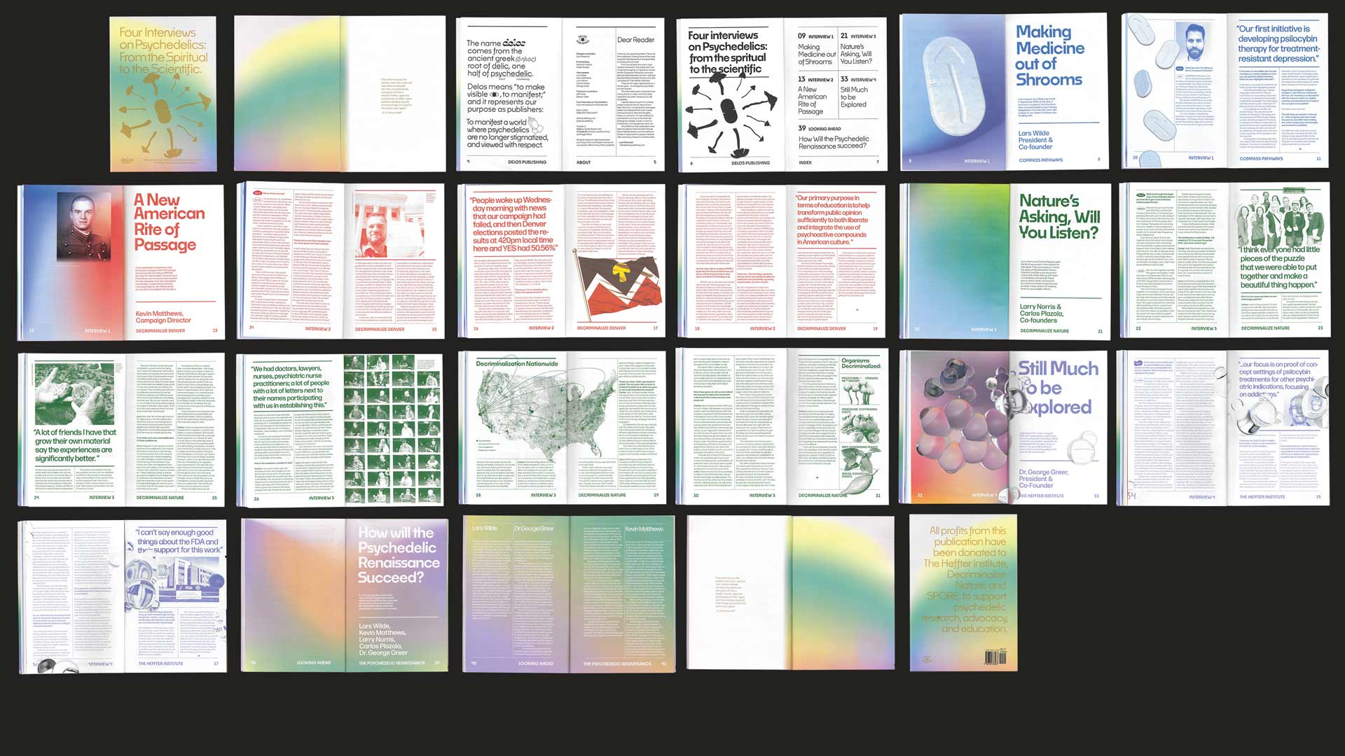 A collection of sixteen pages from a book titled “Four Inquiries on Psychicists to the Scientific,” published by Campaign Director. The pages feature text, images, and graphics, including portraits, maps, and charts. The design incorporates a color scheme of blue, green, yellow, and red.