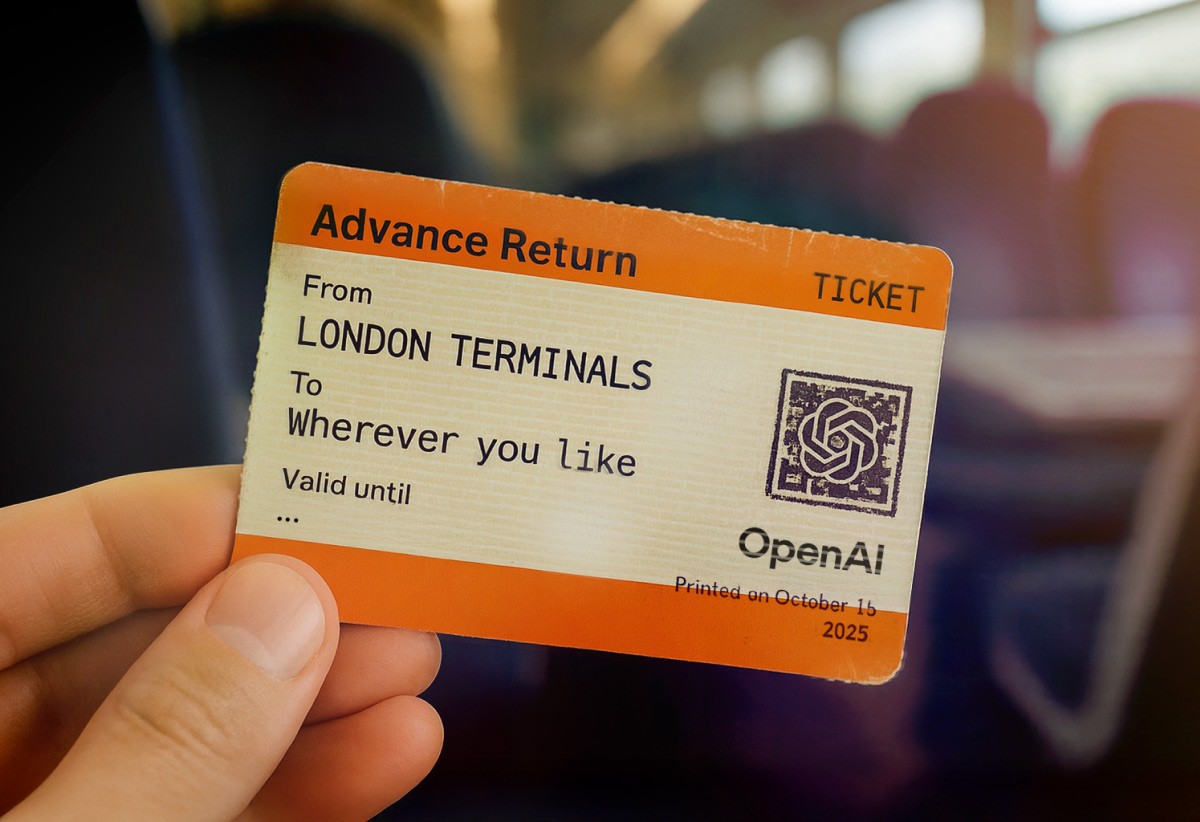 An AI generated image of a hand holding a train ticket from London Terminals to “Wherever you like”, symbolising OpenAI’s limitless innovation journey.