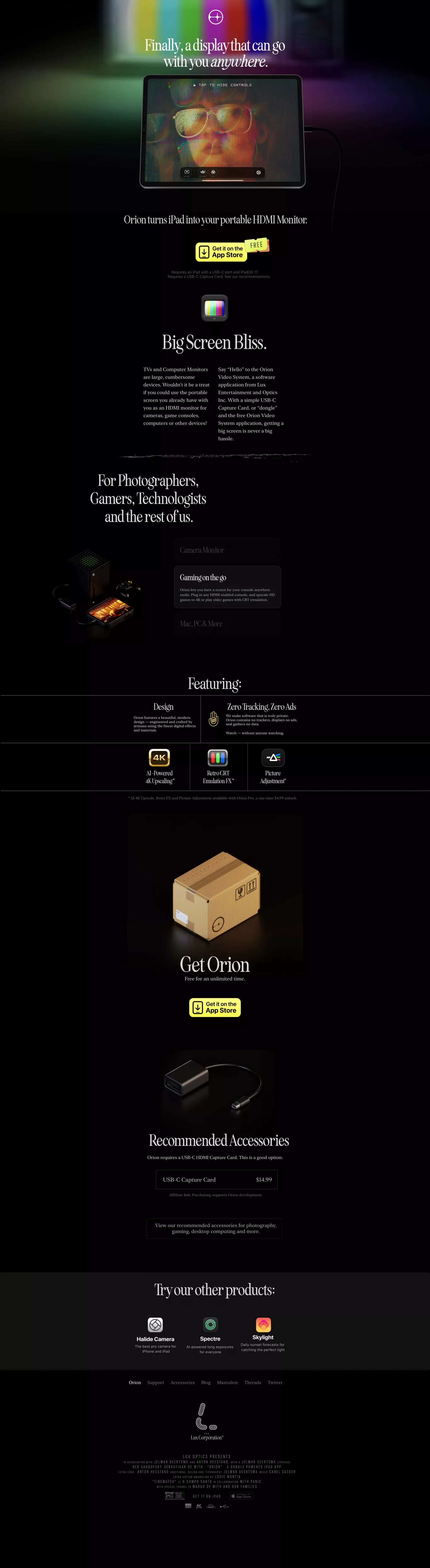 Orion - HDMI Monitor for iPad landing page screenshot showcasing Tech design