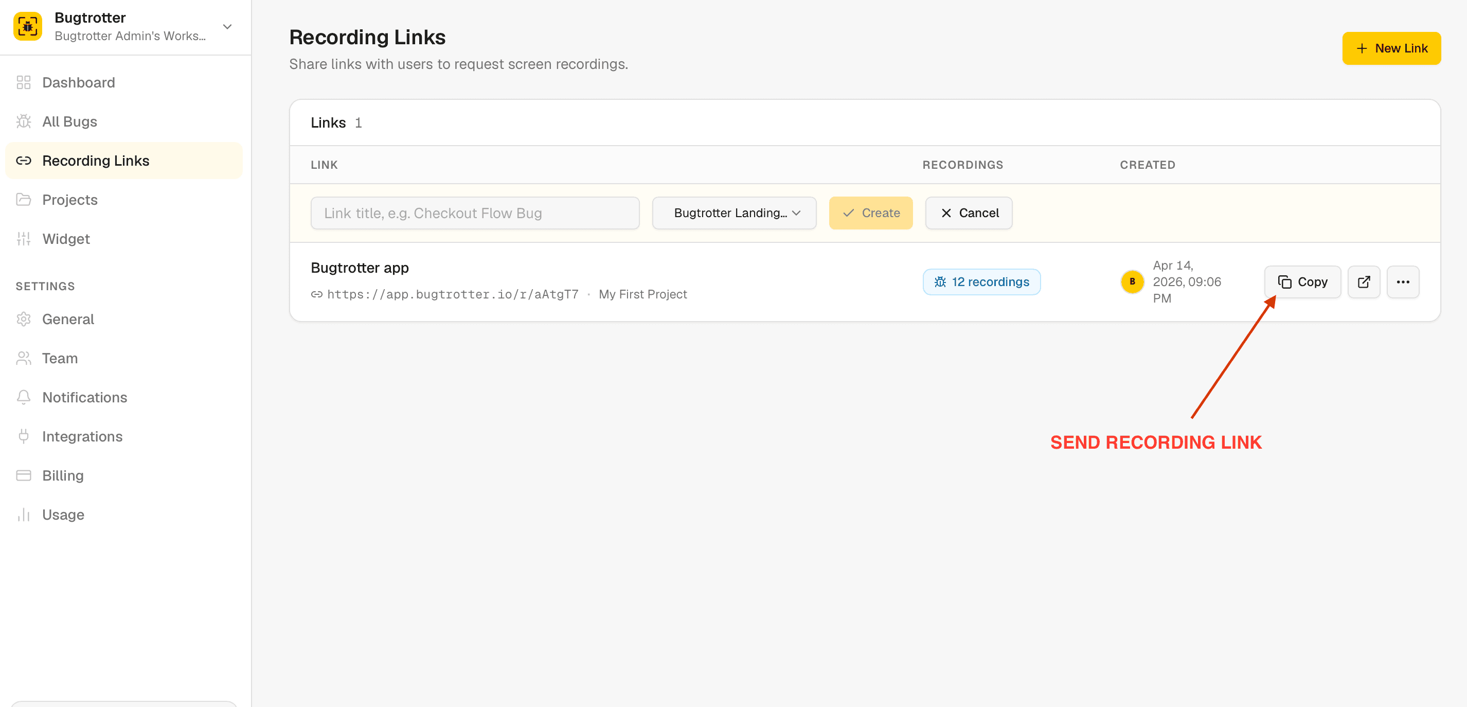 Bugtrotter dashboard showing a shareable recording link